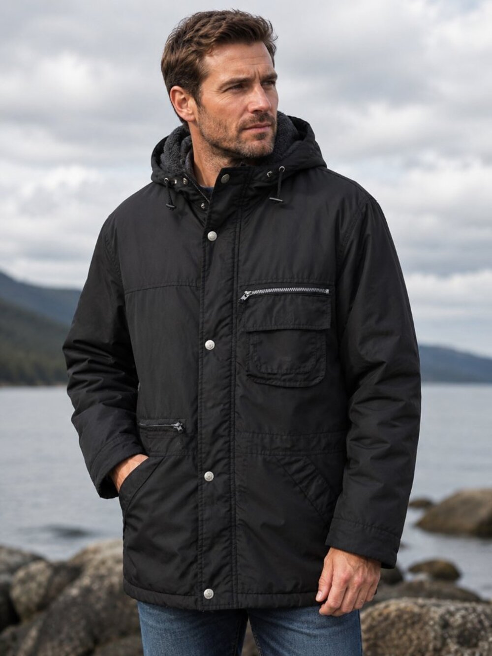 Vintage Eagles Ridge Outfitters Men's Black Hooded Utility Coat Jacket L‎ Fleece - Picture 1 of 16